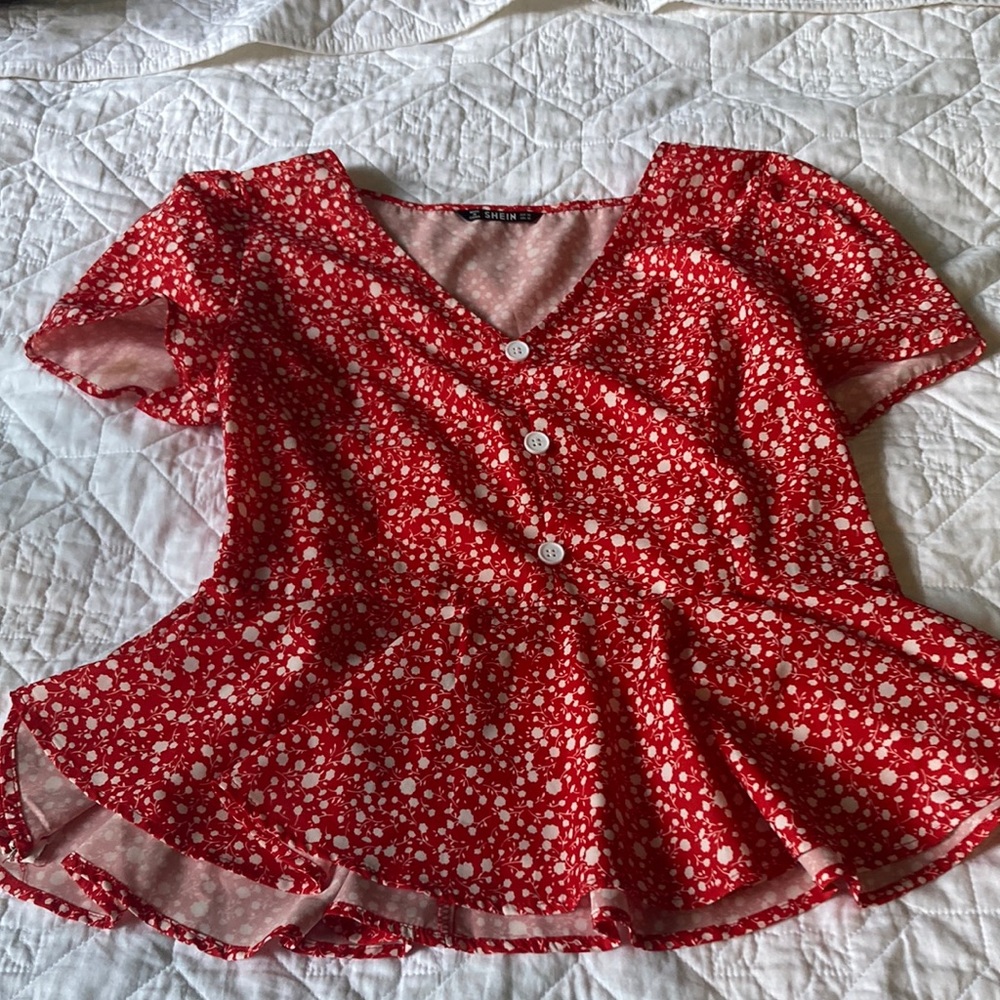 Shein Blouse ( Red with White Flowers) Size Medium
